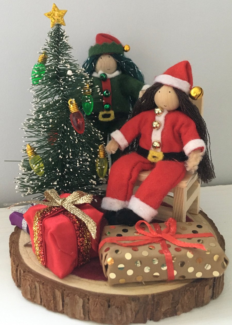 Fairy Doll Santa And Elf Christmas Scene Ornament