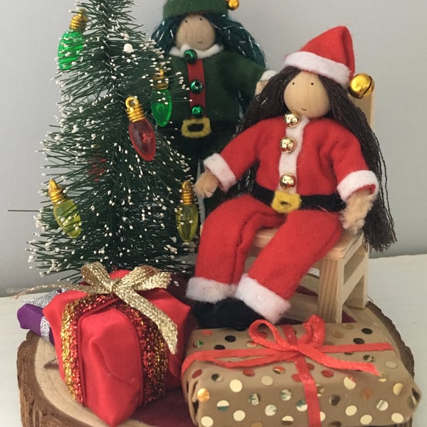 Fairy Doll Santa And Elf Christmas Scene Ornament