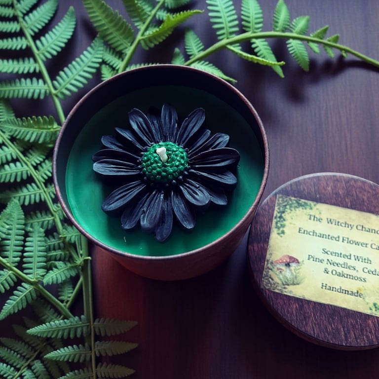 Handmade Enchanted Black & Green Flower Floral Candle 