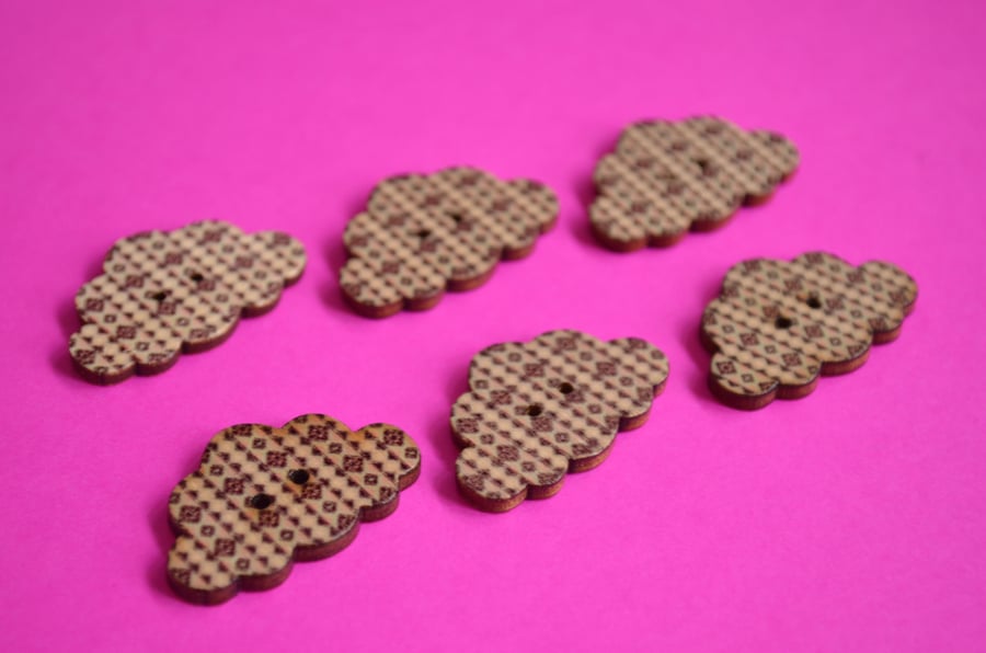 Wooden Cloud Buttons Pink Beige Black 6pk 30x20mm (CD8)