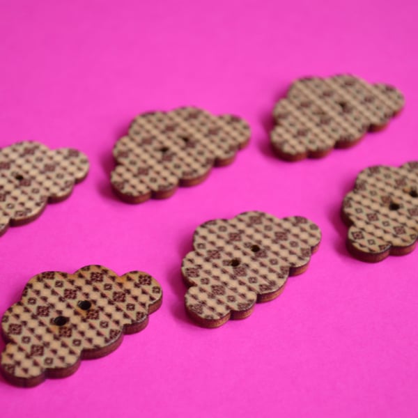 Wooden Cloud Buttons Pink Beige Black 6pk 30x20mm (CD8)