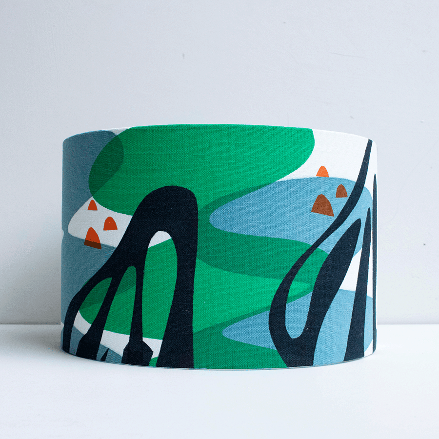 SECONDS SALE - Hand printed 30cm diameter  lampshade. Navy, Teal, Orange, Green