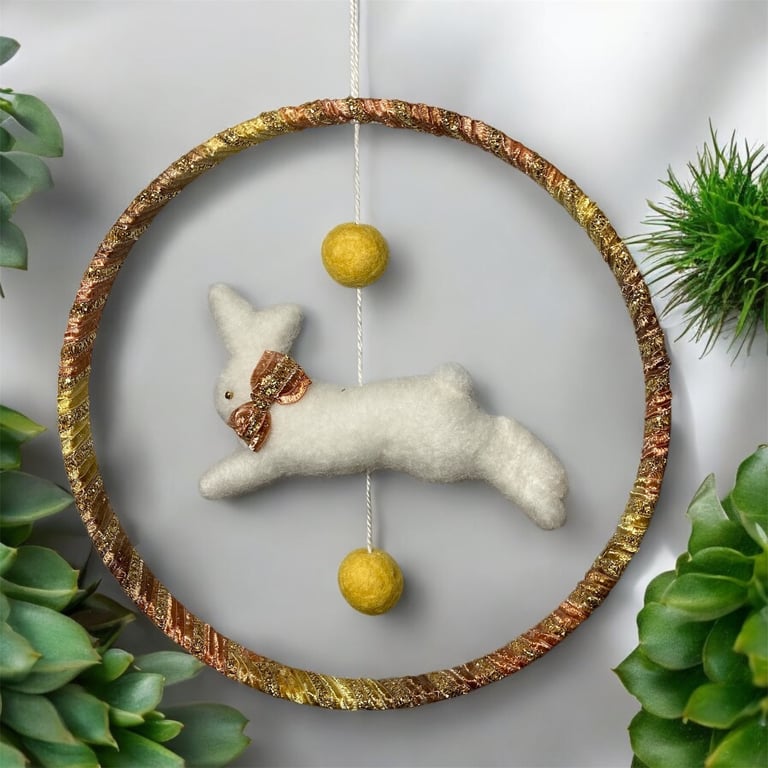 Hanging hoop decoration with running white felt rabbit, nursery mobile, gold