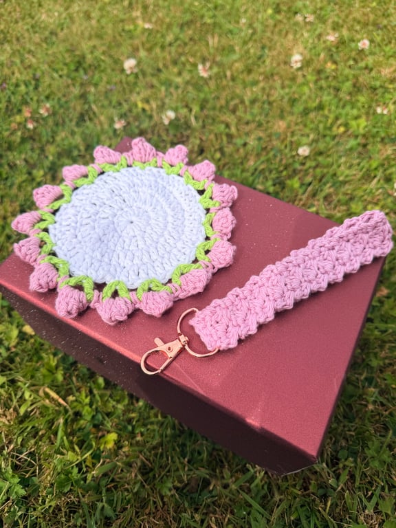 Handmade Crochet Gift Set - Floral Cottage Coaster & Matching Cotton Keychain