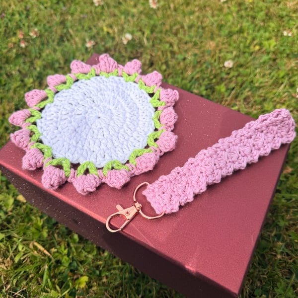 Handmade Crochet Gift Set - Floral Cottage Coaster & Matching Cotton Keychain