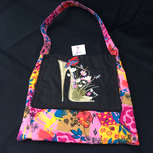 Embroidered Shoulder Bag. Shoe, Bird and Flowers Design. Three to Choose From