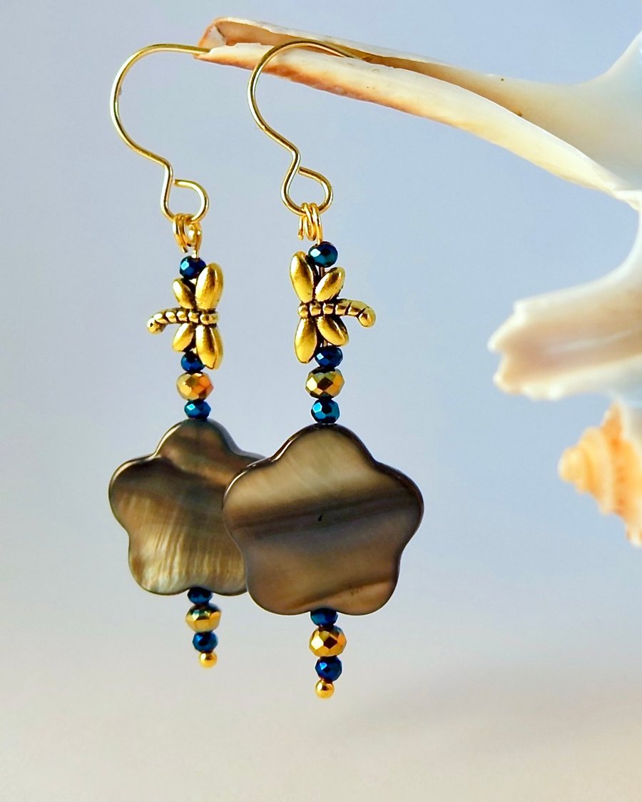 Mother Of Pearl Earrings With Dragonfly, Birthday, Anniversary, Mothers Day Gift