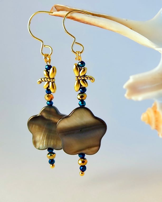 Mother Of Pearl Earrings With Dragonfly, Birthday, Anniversary, Mothers Day Gift
