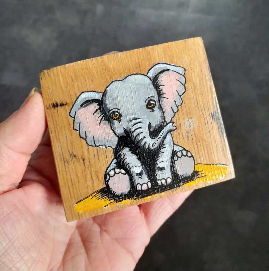 Hand Painted Reclaimed Mini Whisky Barrel Stave - Cute Elephant