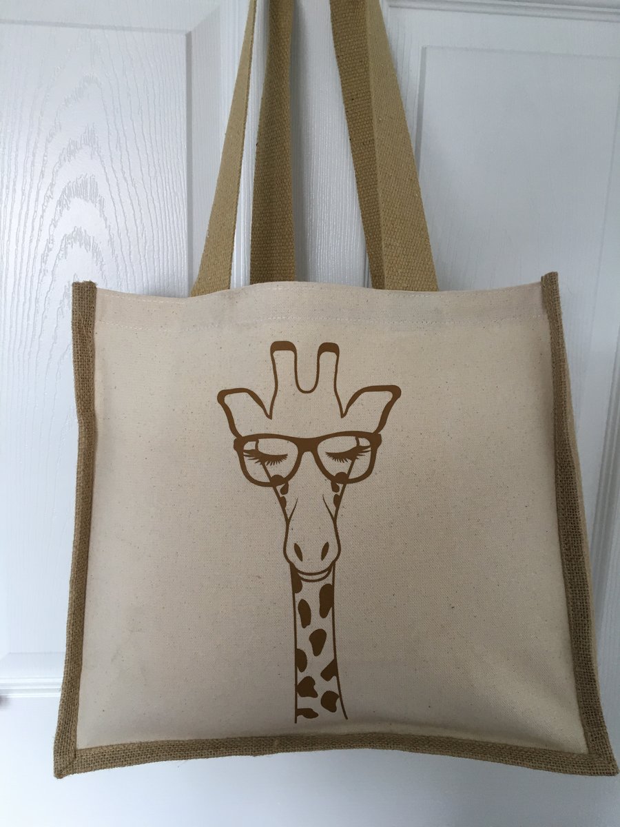 Giraffe Design Great QualityJute & cotton tote with double bottle holder inside