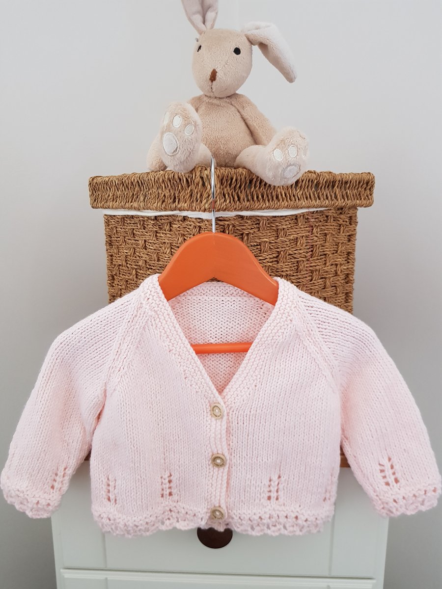 Hand Knitted Pale Pink Lace Edge Cardigan 6-12 months