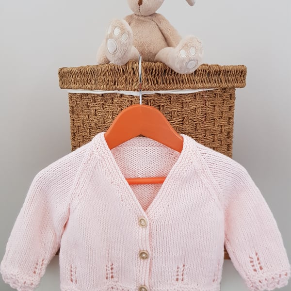 Hand Knitted Pale Pink Lace Edge Cardigan 6-12 months