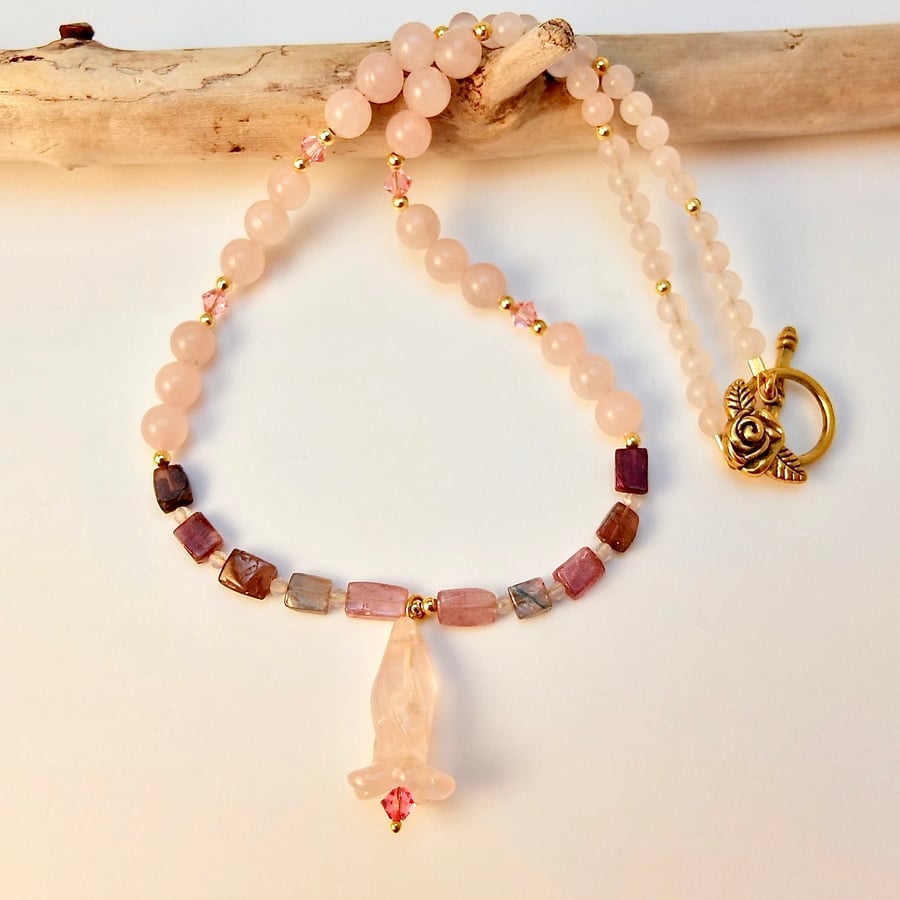Rose Quartz & Tourmaline Necklace With Swarovski Crystals - Handmade In Devon