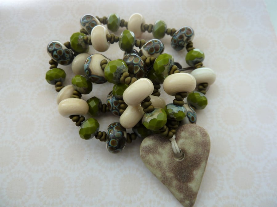 handmade lampwork and ceramic cream heart necklace