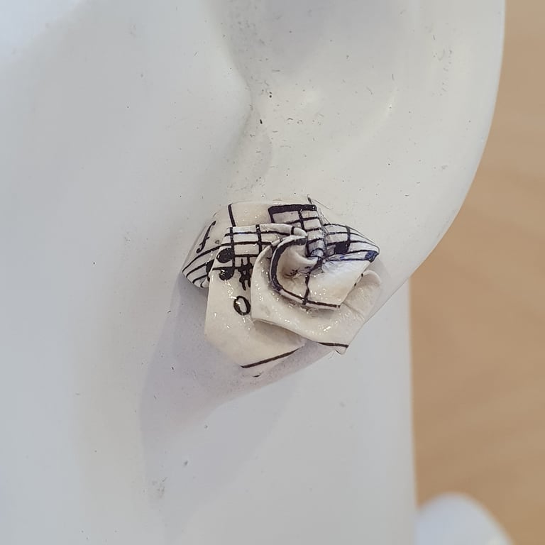 Origami Rose Stud Earrings: Recycled Sheet Music, plastic free packaging