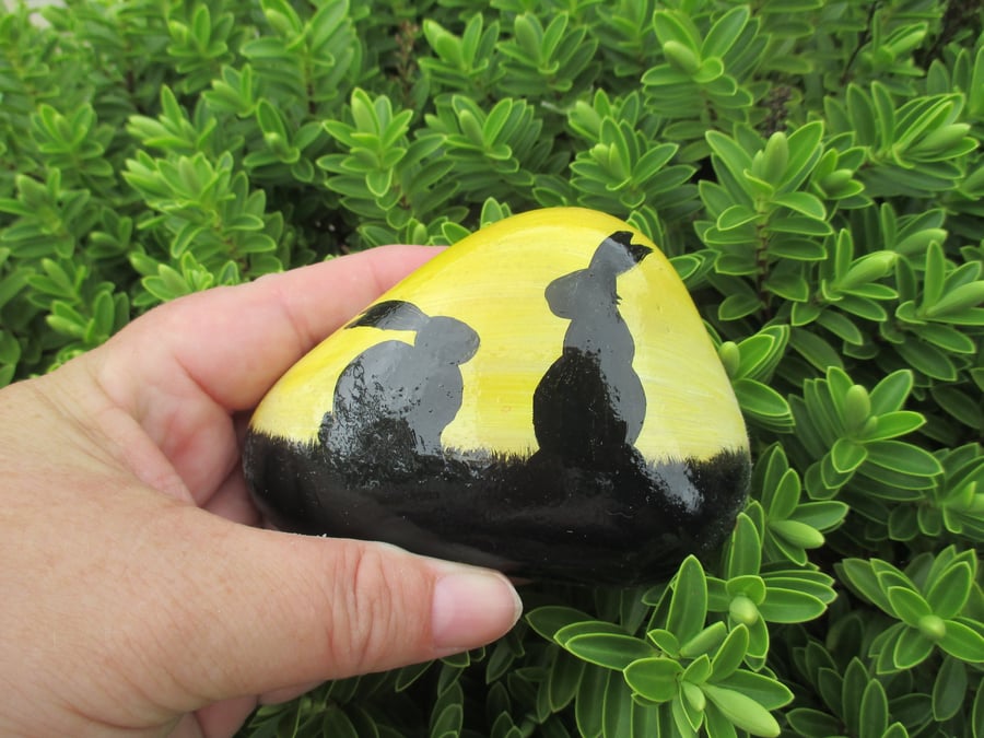 Painted Rock Stone Bunny Rabbit Pet Silhouette Black Stone Pet Yellow