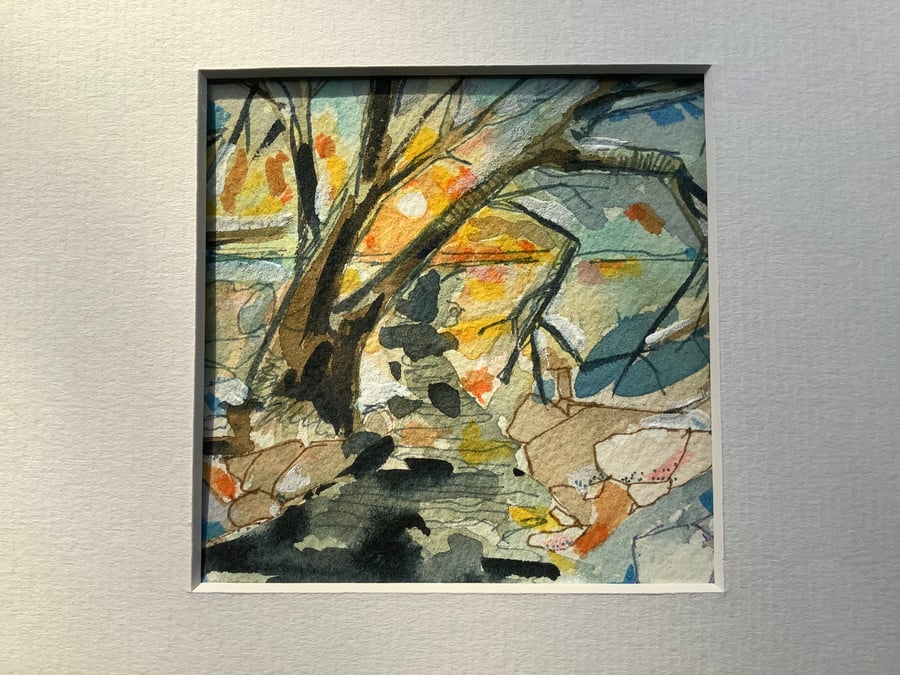 Small watercolour and ink , handmade ,picture of trees and brook, original