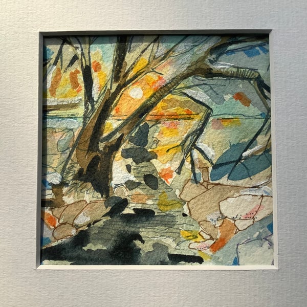 Small watercolour and ink , handmade ,picture of trees and brook, original