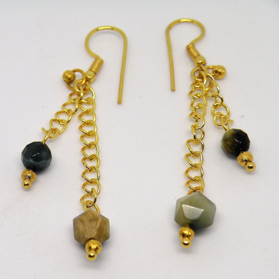 Natural Golden & Blue Tiger Eye Chain Drop Gold Earrings.