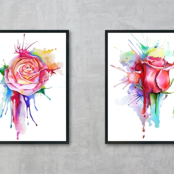 Watercolour roses wall prints, Abstract watercolour roses wall decor