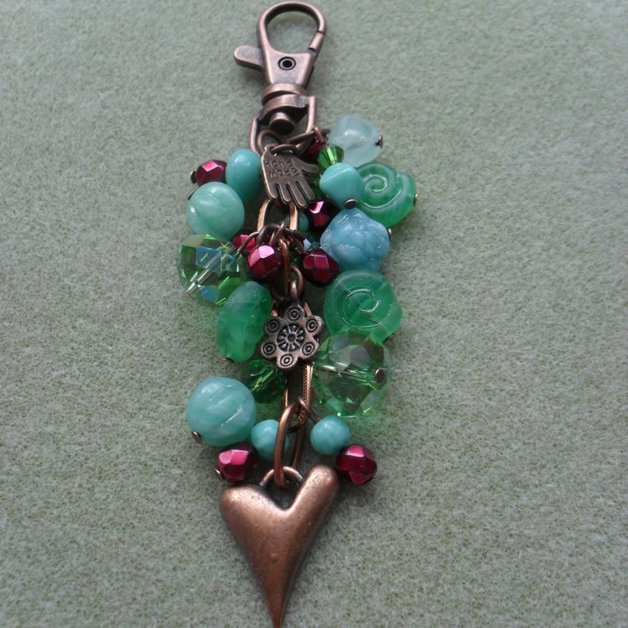 Antique Copper and Czech Glass beaded Bag Charm