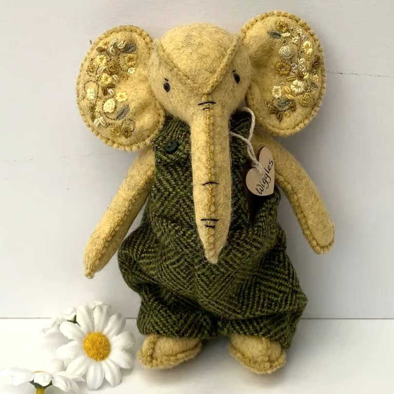 Elephant, hand sewn and dressed embroidered elephant, collectable artist bear