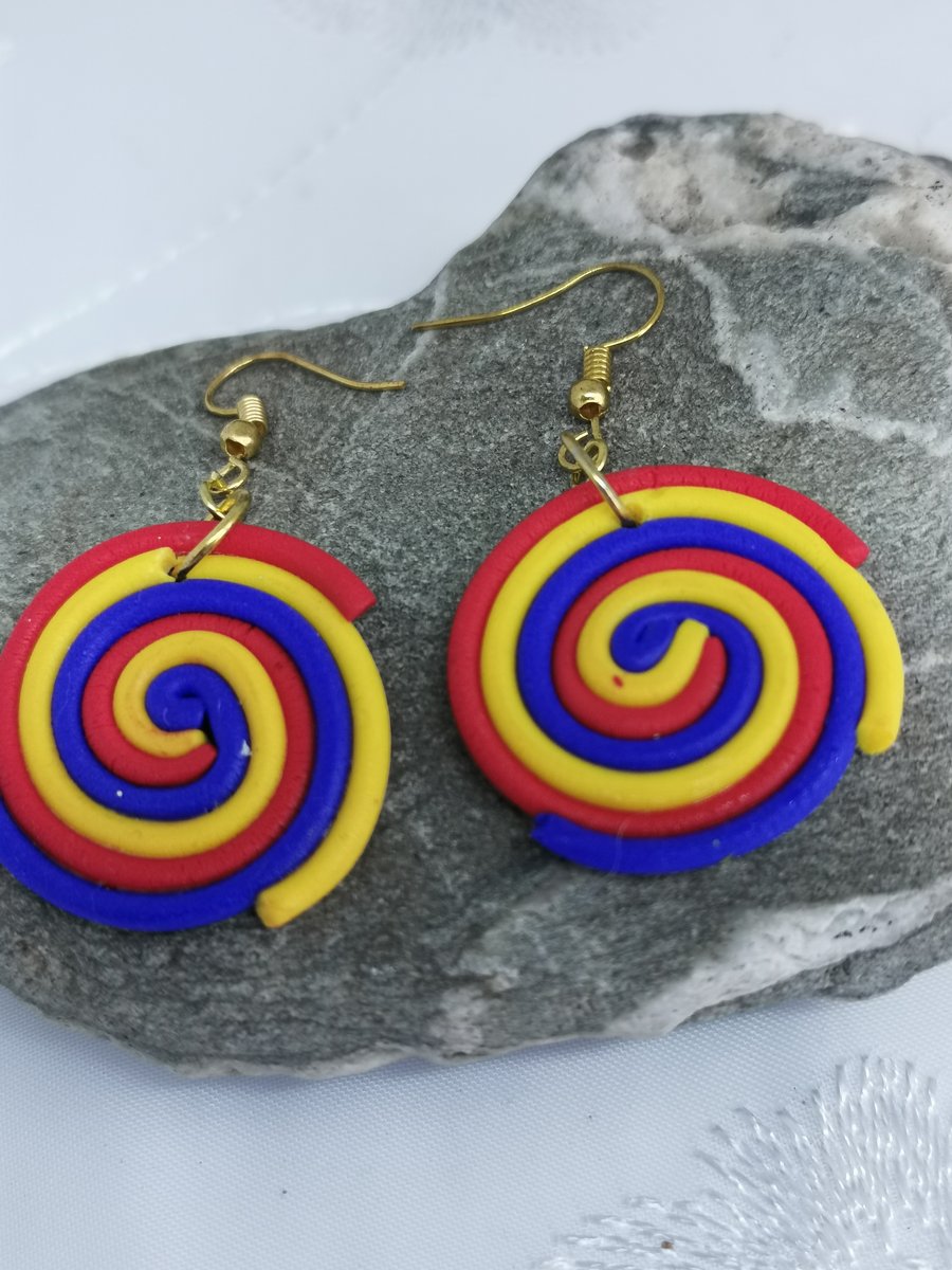 Colourful, funky, round, spiral drop earrings. Handmade, polymer clay