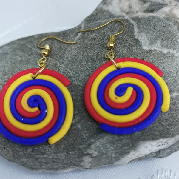 Colourful, funky, round, spiral drop earrings. Handmade, polymer clay