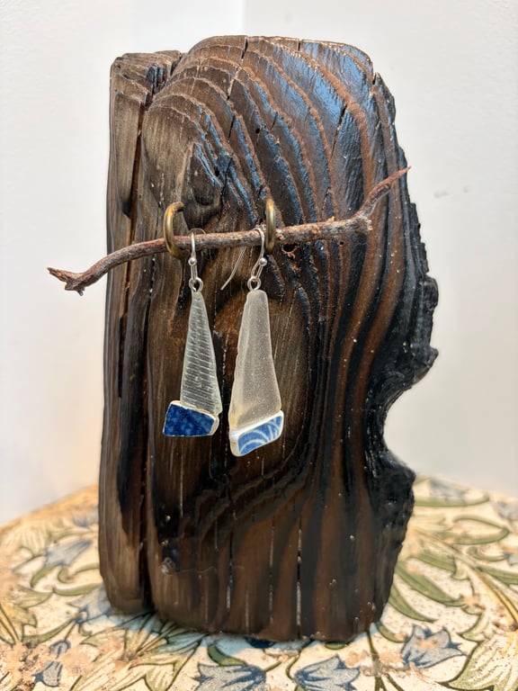 Boat shape Blue and clear sea glass pottery earrings  on silver