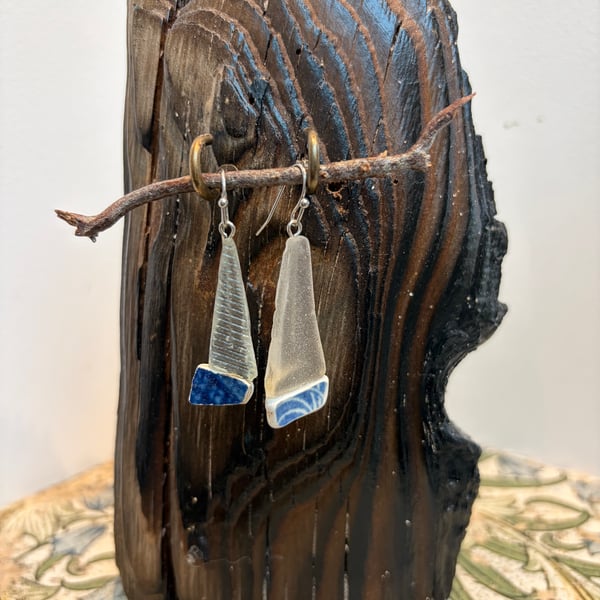 Boat shape Blue and clear sea glass pottery earrings  on silver