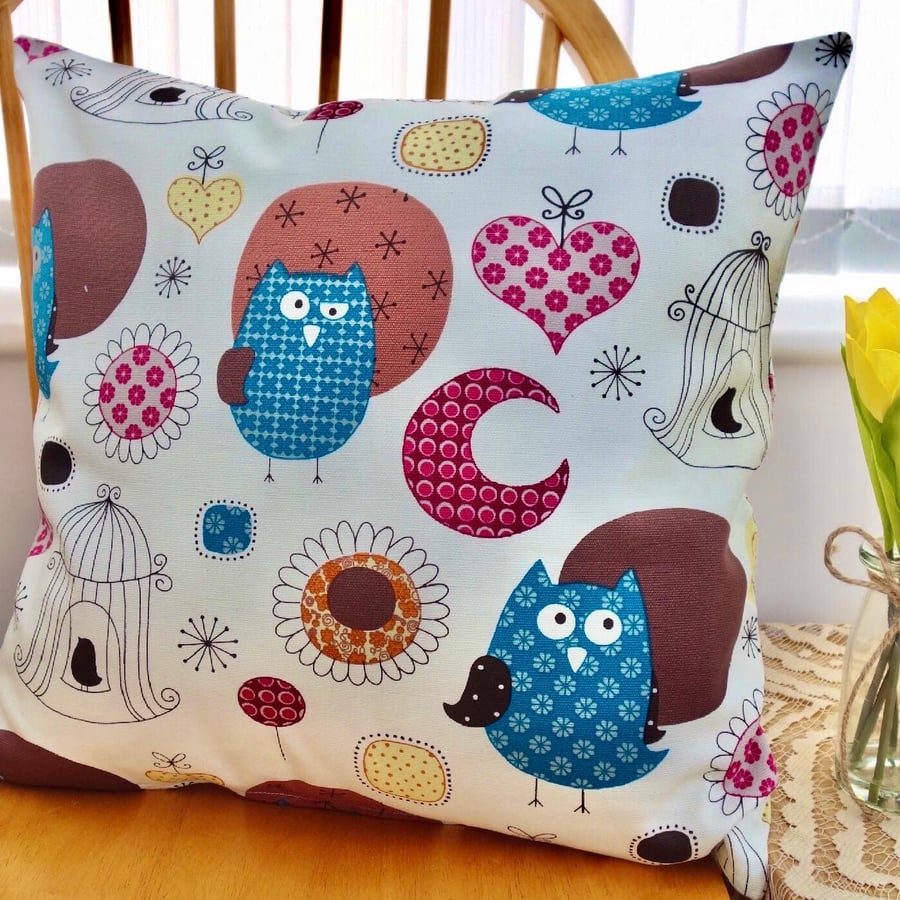 Cushion: Blue Owls design, Double Sided with pad and zip fastening 