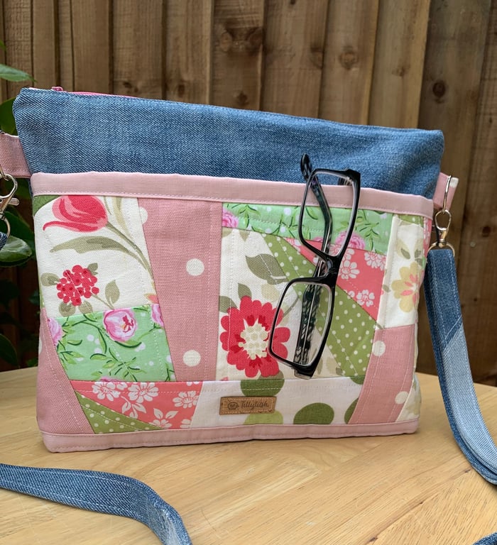 Patchwork recycled denim crossbody bag