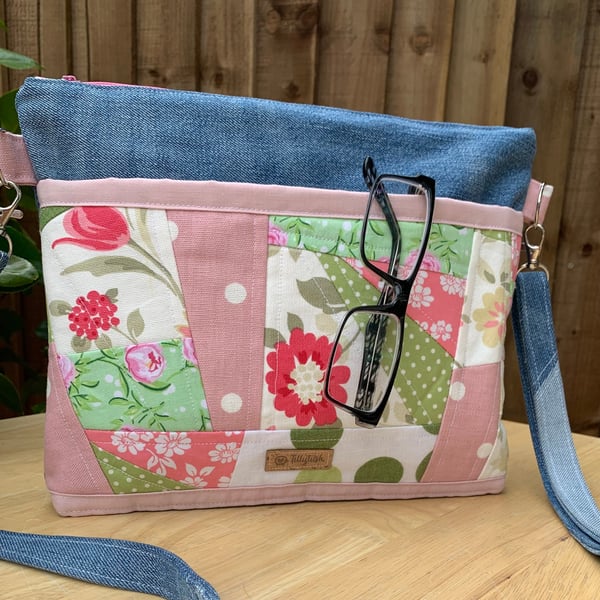 Patchwork recycled denim crossbody bag