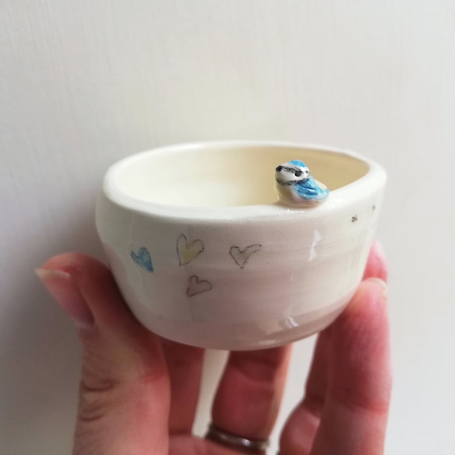 Handmade bluetit tealight with birdprints, ceramic pottery bird candle holder 