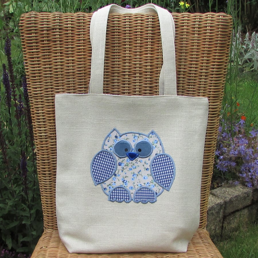 Owl tote bag - Cream with blue floral and gingham owl