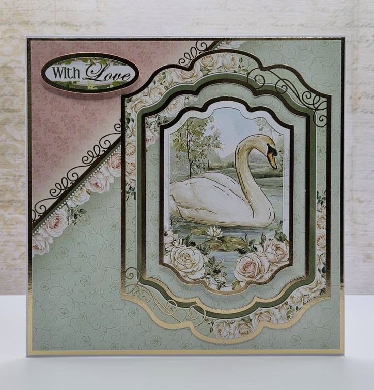 With Love Swan Card, Floral Card, Romantic Greeting Card, Anniversary Card