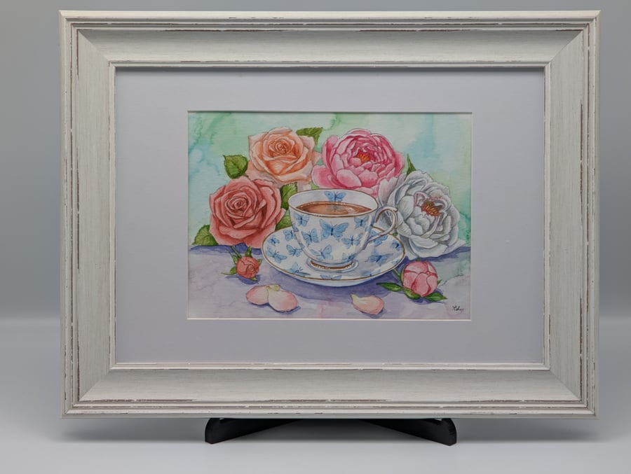 Original Framed Watercolor Teacup & Roses and Peonies