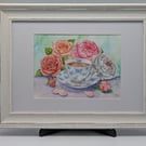 Original Framed Watercolor Teacup & Roses and Peonies