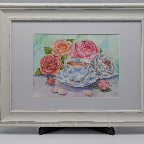 Original Framed Watercolor Teacup & Roses and Peonies
