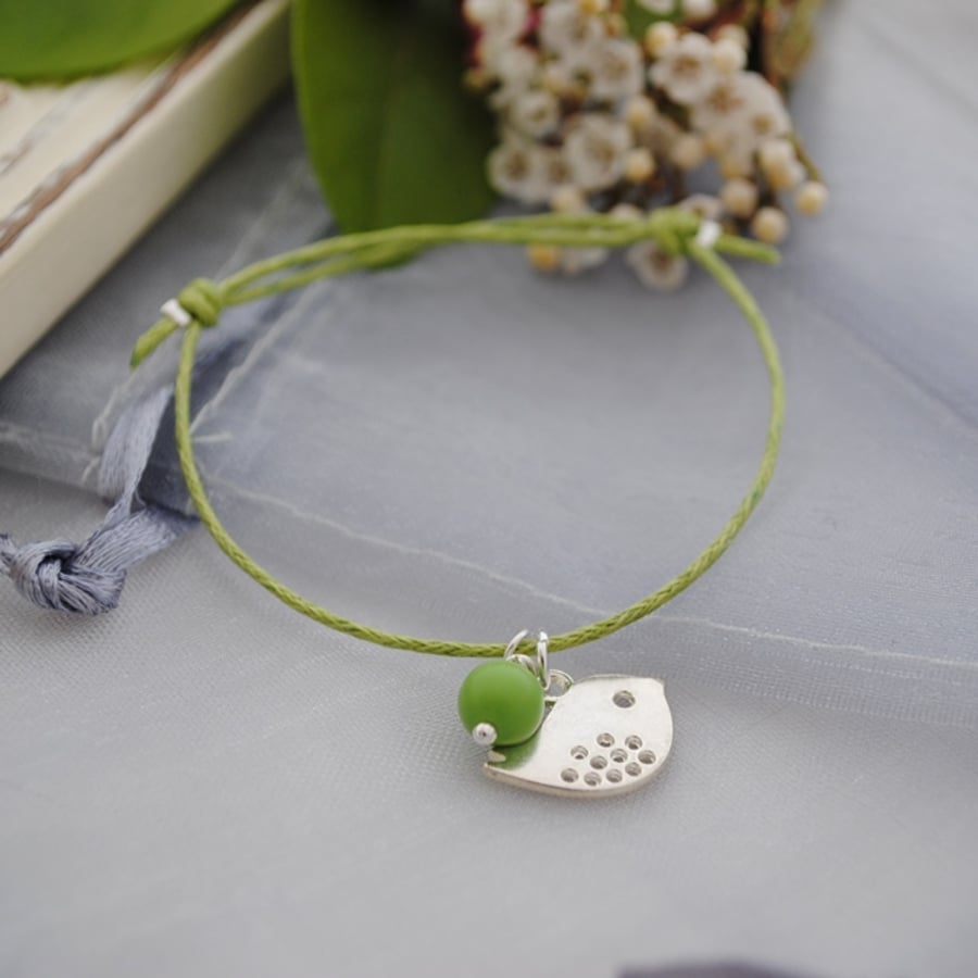 Friendship Bracelet-lime green & silver bird bracelet