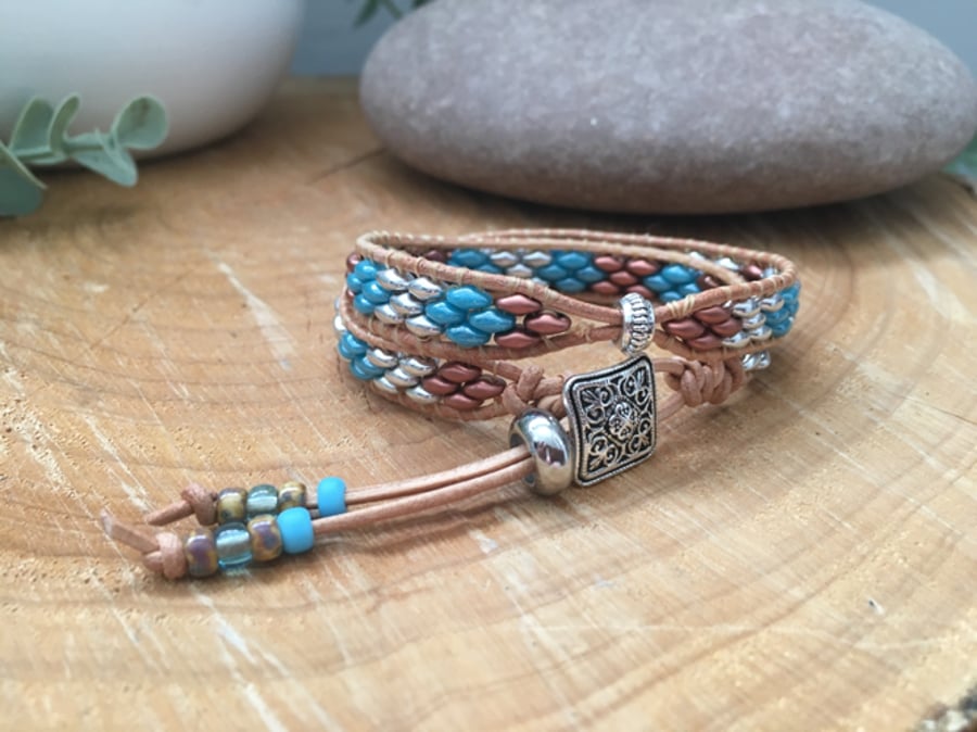 Bracelet, Boho leather 2 x wrap beaded bracelet, free spirit, yoga,