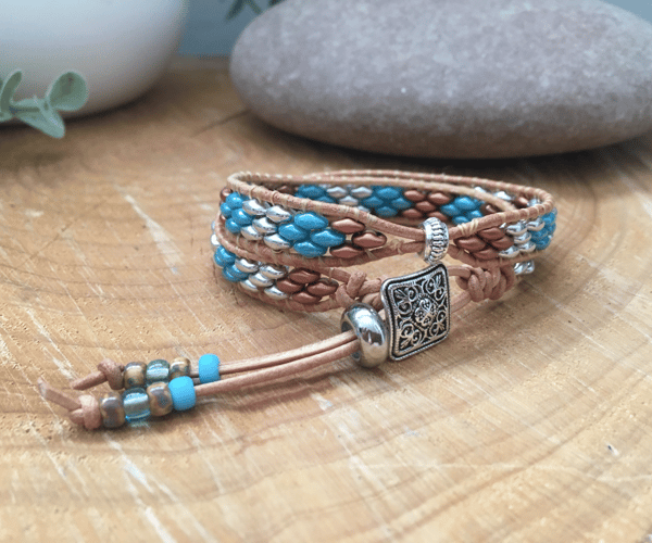 Bracelet, Boho leather 2 x wrap beaded bracelet, free spirit, yoga,