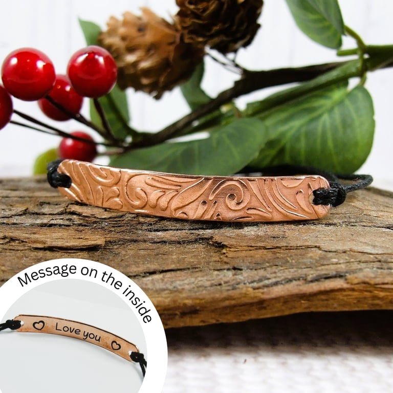 Patterned Copper Bracelet. Hidden Love You Message on Adjustable Waxed Cord 