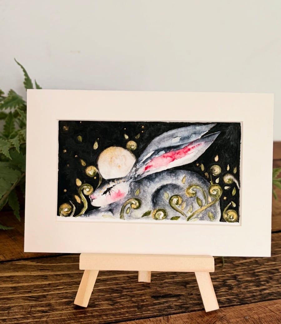 Original Celestial Hare Watercolour Painting Whimsical Full Moon Ferns Woodland 