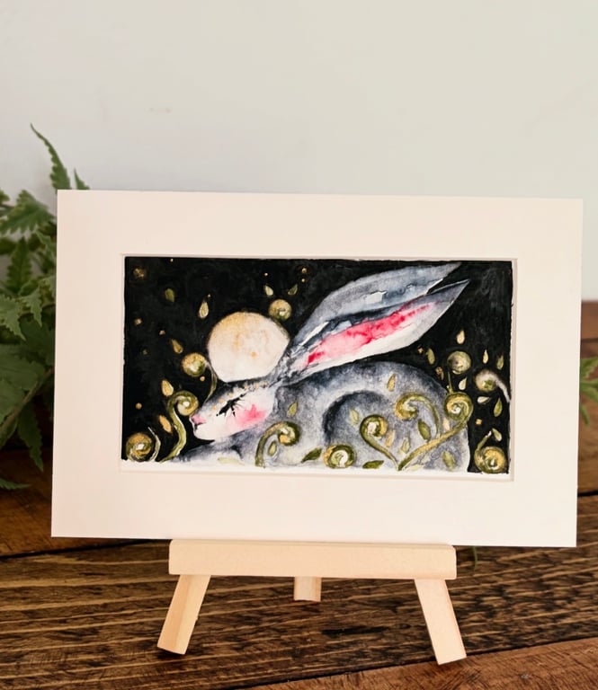 Original Celestial Hare Watercolour Painting Whimsical Full Moon Ferns Woodland 