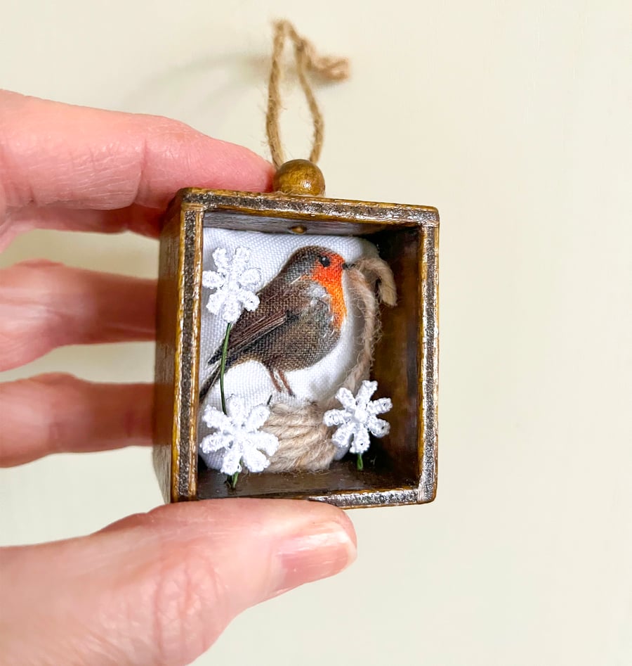 Miniature Robin textile art in wooden drawer box, 3D fabric wall hanging