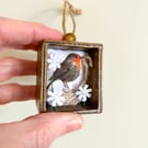 Miniature Robin textile art in wooden drawer box, 3D fabric wall hanging