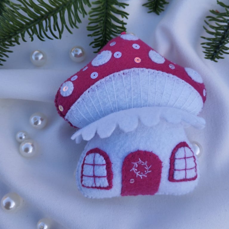 Handmade Felt Mushroom House Christmas Ornament Pink 