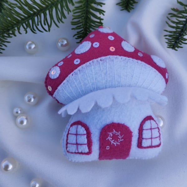 Handmade Felt Mushroom House Christmas Ornament Pink 