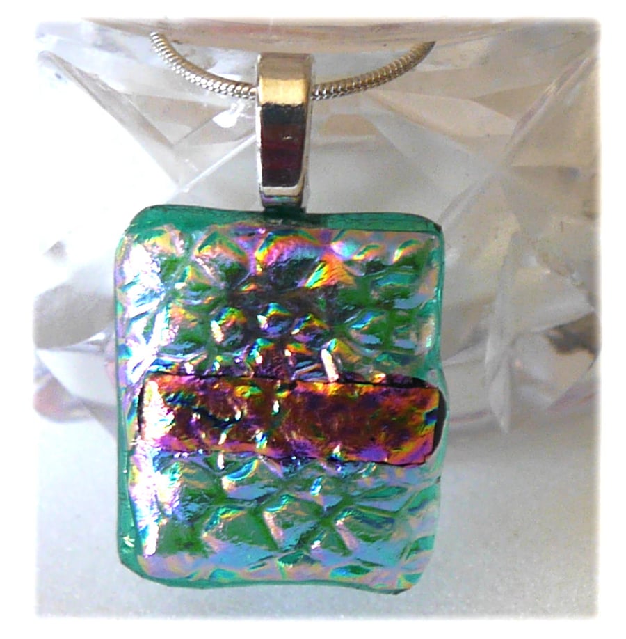 Dichroic Glass Pendant 230 Teal Pink handmade with silver plated chain